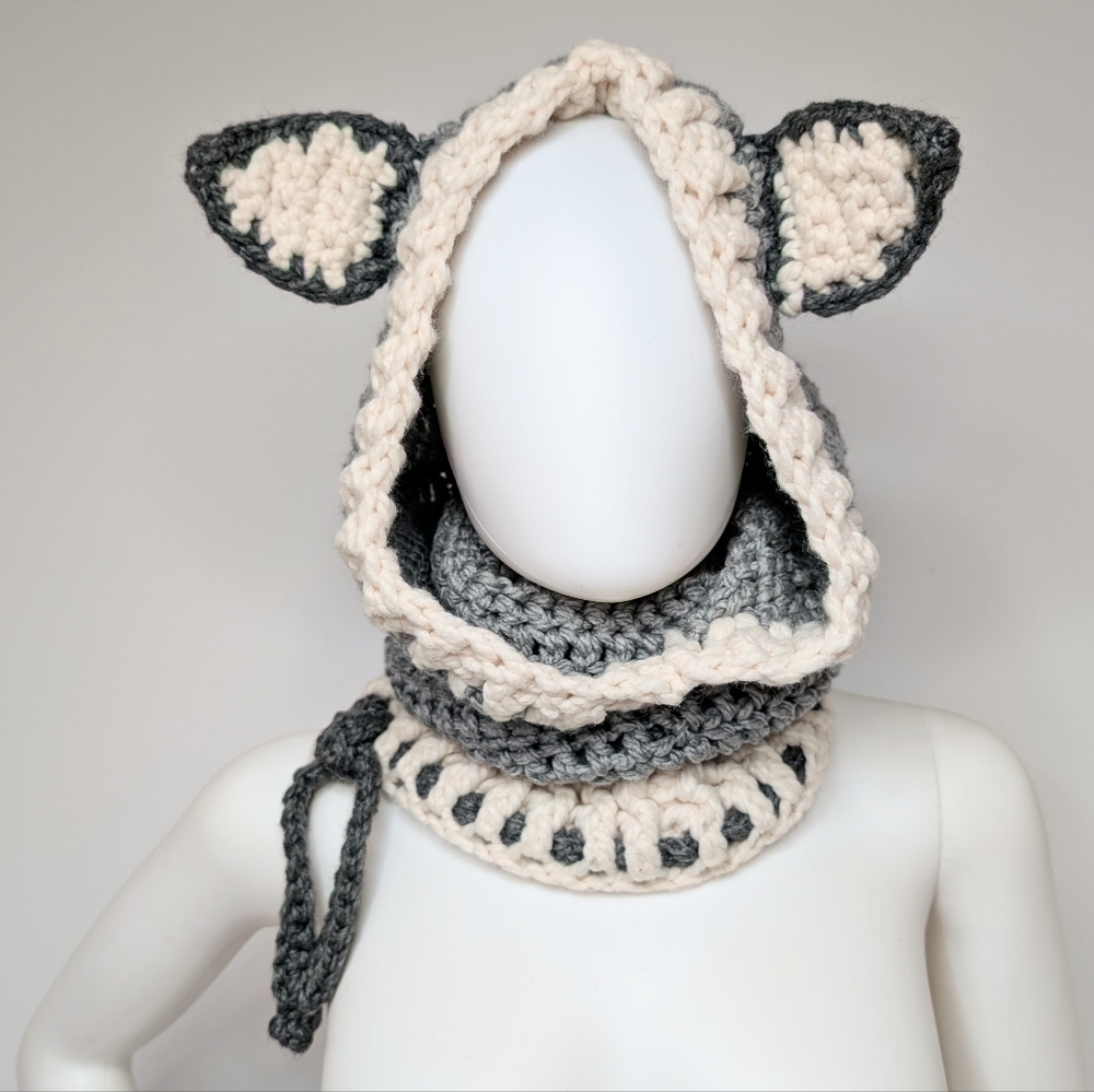 Handmade Crochet Gray & Cream Wolf Head Cowl Hood Scarf With Ears Beenie Hat